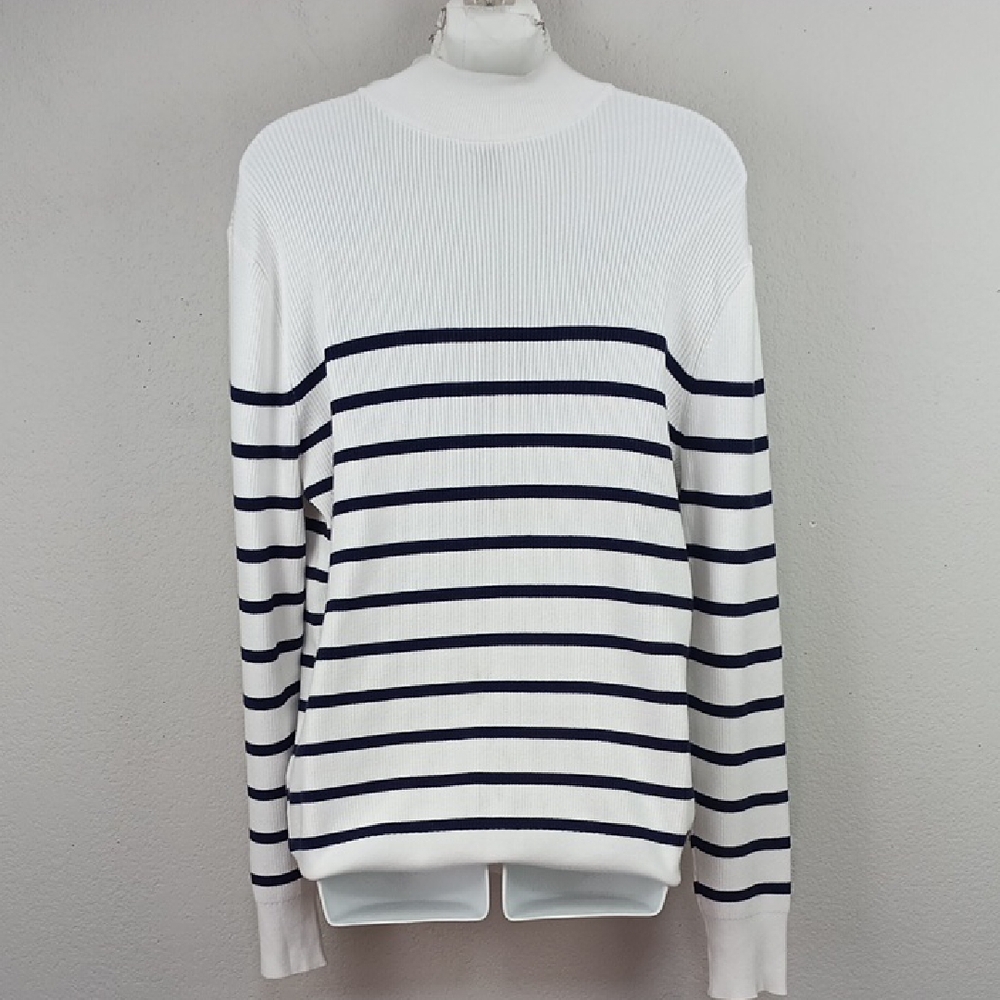 Anne Klein Womens Navy Blue/ White Striped Long Sleeve Knit Sweater sz L - Picture 8 of 12